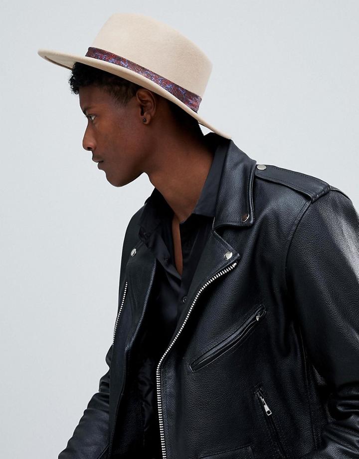 Asos Design Wide Brim Pork Pie Hat In Camel With Paisley Band - Tan