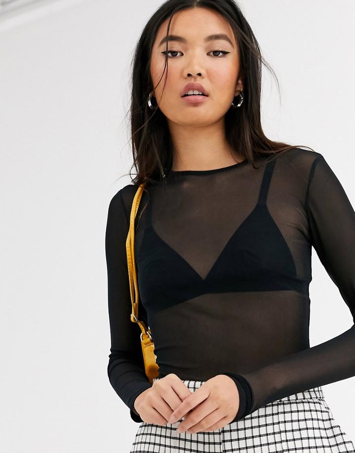 Monki Round Neck Long-sleeve Mesh Top In Black - Black