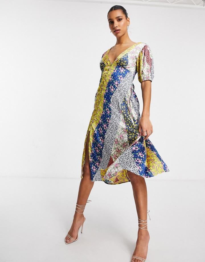 Asos Design Button Through Satin Midi Tea Dress In Mixed Floral-multi