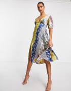 Asos Design Button Through Satin Midi Tea Dress In Mixed Floral-multi