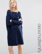 Asos Sweater Dress In Knit With Ripple Stitch Sleeves - Navy