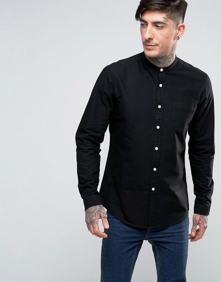 Asos Long Sleeve Oxford Shirt With Grandad Neck In Black In Regular Fi