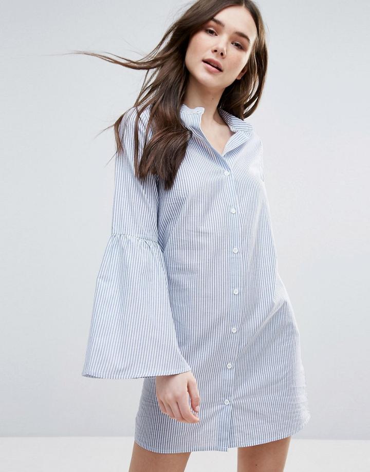Influence Flared Sleeve Cotton Stripe Shirt Dress - Blue