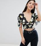 Asos Design Petite V Front Angel Sleeve Top In Dark Base With White Rose - Multi