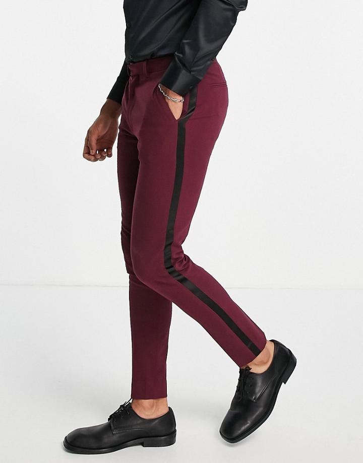 Asos Design Super Skinny Tuxedo In Burgundy Suit Pants-red
