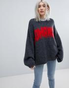 Weekday Oversized Knit Sweater With Slogan Print - Gray