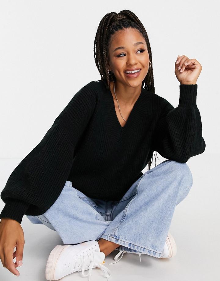 Asos Design V Neck Fluffy Sweater In Black
