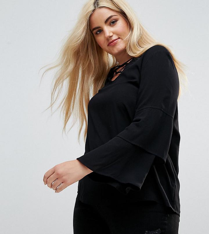 New Look Curve Lattice Tier Sleeve Top - Black