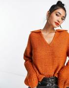 Asos Design Sweater With Open Neck And Collar Detail In Rust-brown