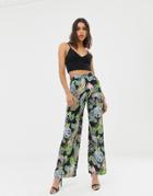 Love Tropical Floral Print Wide Leg Pants - Black