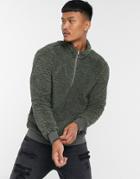 Soul Star 1/4 Zip Borg Sweatshirt In Khaki-green