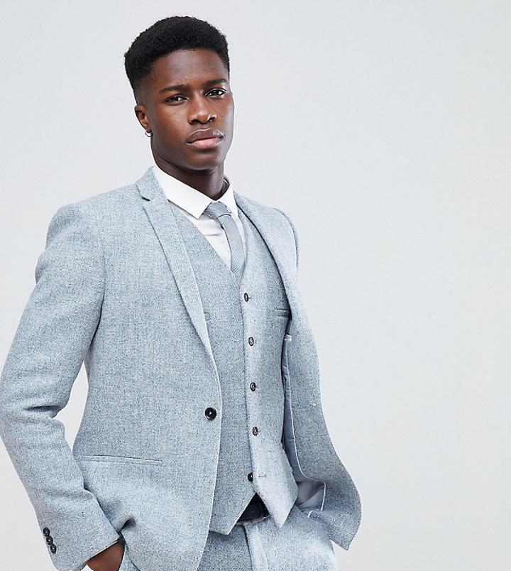 Noak Skinny Suit Jacket In Harris Tweed - Blue