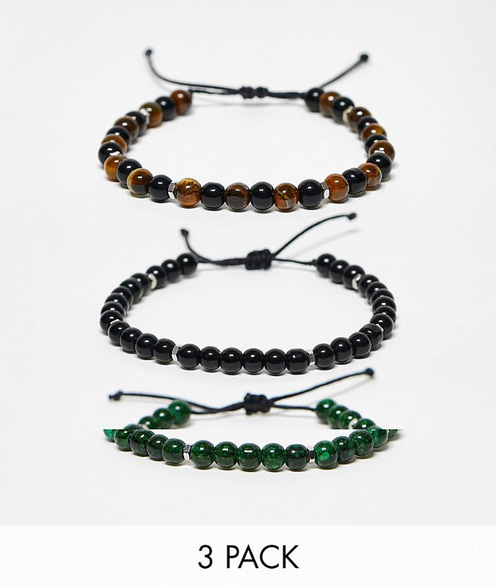 Asos Design 3 Pack Beaded Bracelets In Brown Green And Black-multi