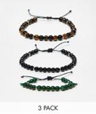 Asos Design 3 Pack Beaded Bracelets In Brown Green And Black-multi