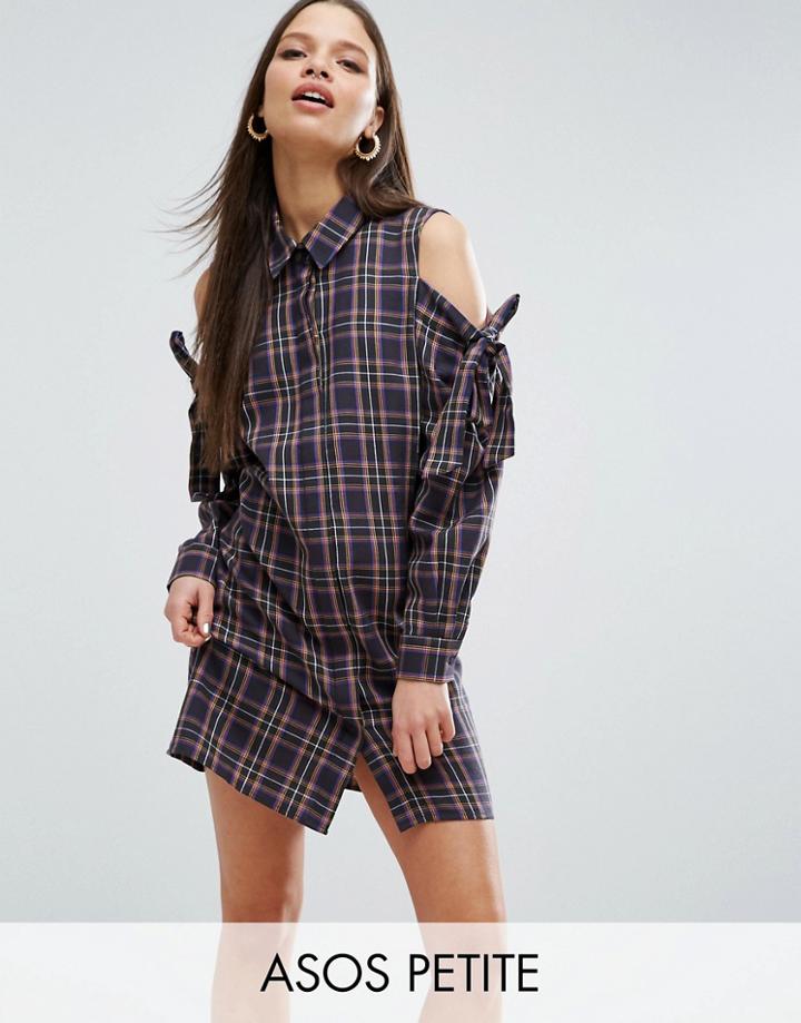 Asos Petite Cold Shoulder Check Shirt Dress With Bow Detail - Multi