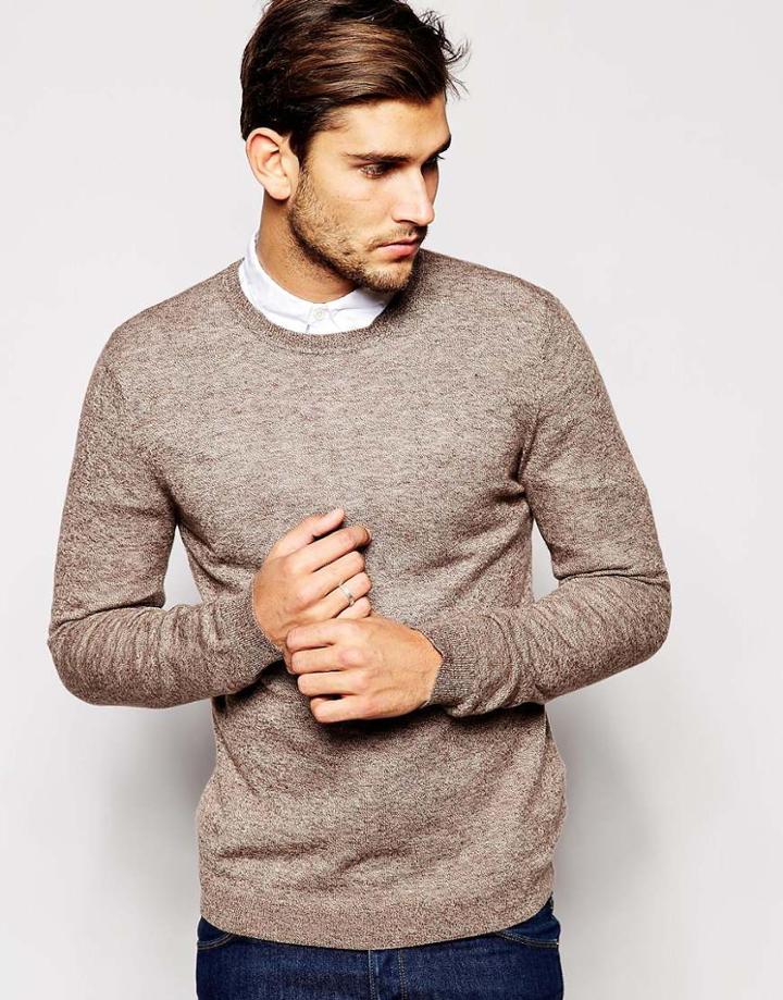 Asos Merino Crew Neck Sweater - Brown Twist