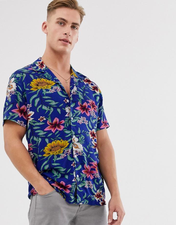Threadbare Printed Floral Short Sleeve Shirt In Blue