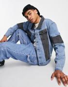 Liquor N Poker Oversized Denim Jacket In Midwash Blue With Black Paneling - Part Of A Set-multi