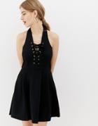 Qed London Skater Dress With Lace Up Front - Black