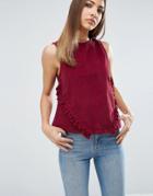 Asos Cord Shell Top With Ruffle Front - Red