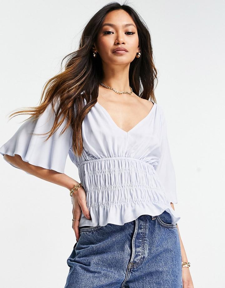 Asos Design V Neck Short Sleeve Top With Shirred Waist Detail In Sky Blue-orange