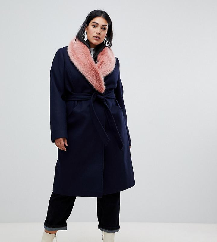 Asos Design Curve Faux Fur Collar Coat With Tie Belt - Navy