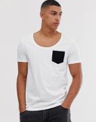 Asos Design T-shirt With Deep Scoop Neck And Contrast Pocket In White