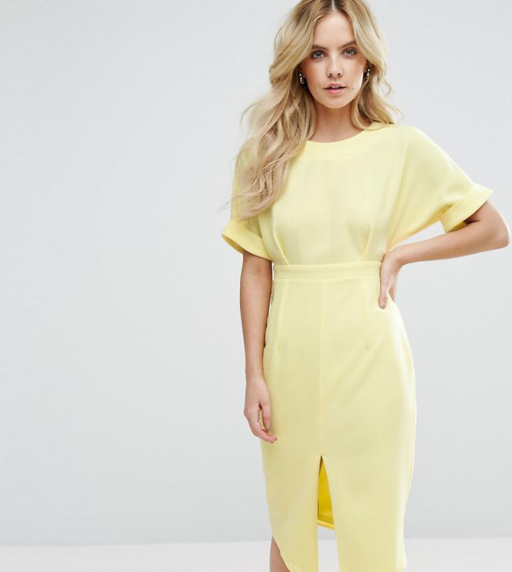 Asos Petite Smart Woven Midi Dress With V Back And Split Front - Yellow