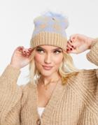 Boardmans Knitted Check Faux Fur Pom Beanie In Camel-neutral
