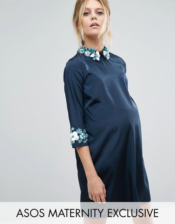 Asos Maternity Shift Dress With 3d Floral Embellished Collar And Cuffs - Navy
