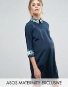 Asos Maternity Shift Dress With 3d Floral Embellished Collar And Cuffs - Navy