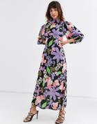 Asos Design Cowl Neck Maxi Dress In Puff Sleeves In Floral Print