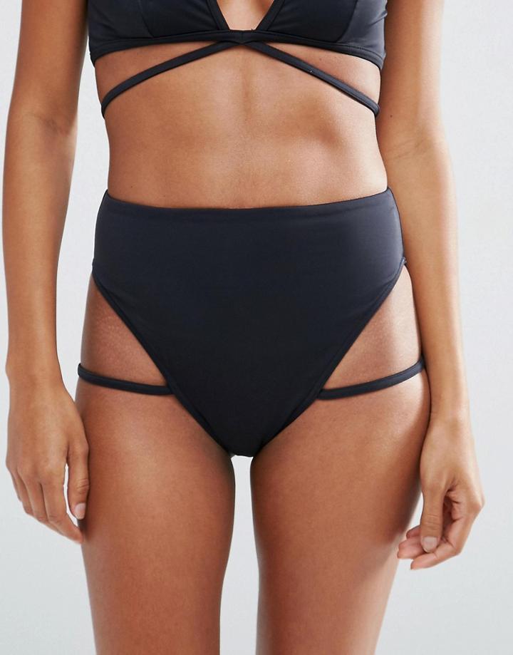 Asos Lattice Strap High Leg Bikini Bottom - Black