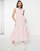 New Look Embroidered Collar Shirred Midi Dress In Pale Pink Stripe