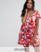 Reclaimed Vintage Inspired Short Sleeve Smock Dress In Dragon Print - Blue