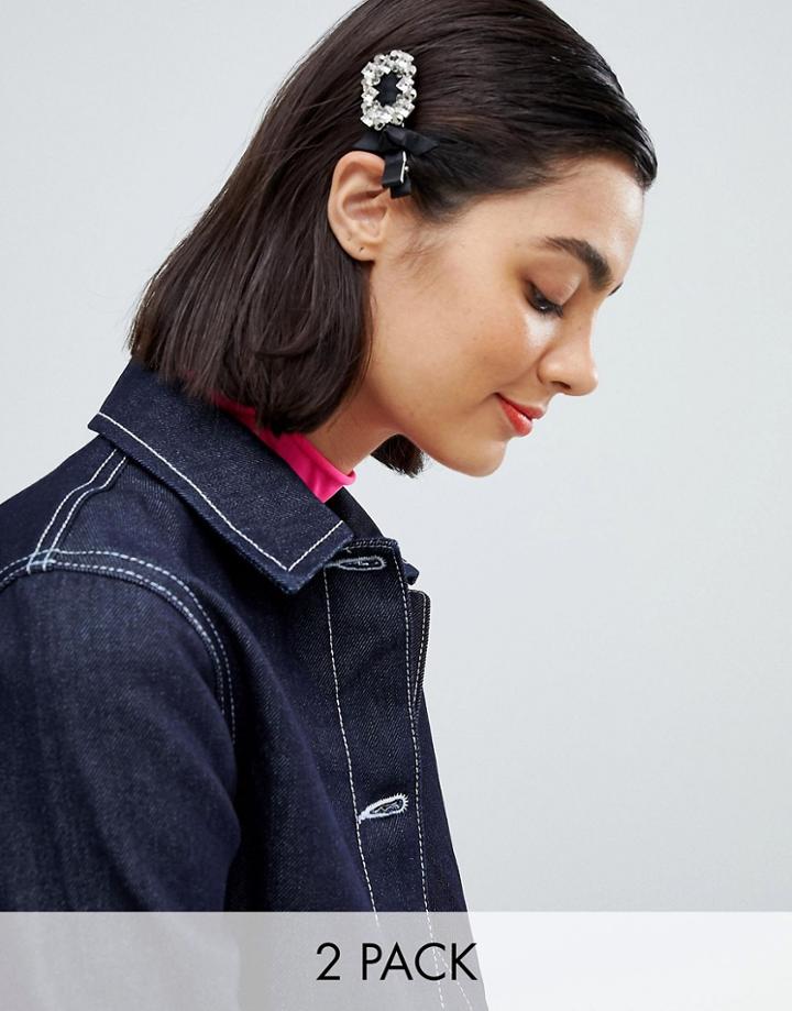 Asos Design Pack Of 2 Hair Clips In Crystal And Bow Design In Black - Black