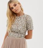 Lace & Beads Cropped Top With Embellishment And Open Back Two-piece-brown