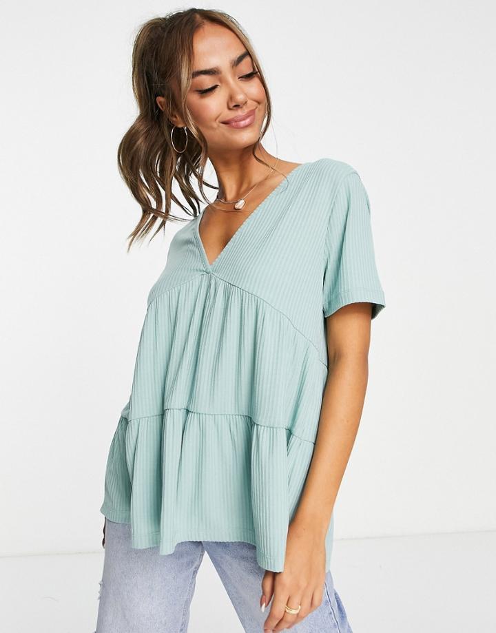 Asos Design Smock Top In Rib With V Neck In Sage-green