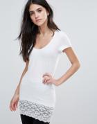 Only Live Love Long Lace Hem T-shirt - White