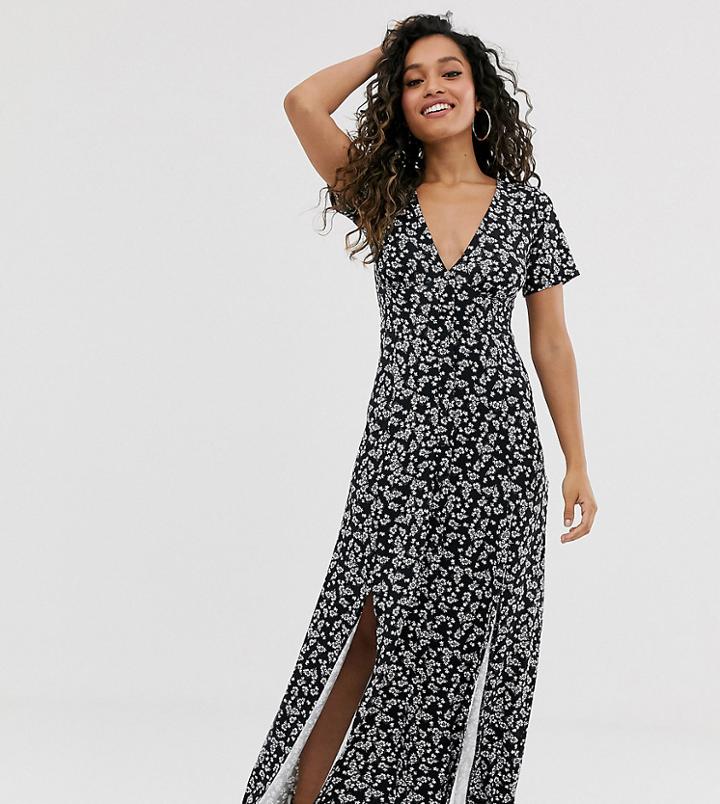 Asos Design Petite Button Through Maxi Tea Dress With Splits In Ditsy Print - Multi