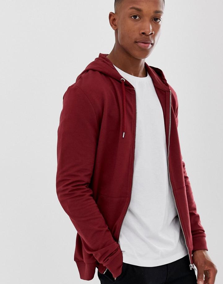 Asos Design Muscle Zip Thru Hoodie In Burgundy - Red