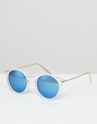 Asos Round Sunglasses With Metal Arms In Crystal With Blue Flash Lens - Clear
