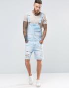 Asos Short Overalls In Bleach Wash With Rips - Blue