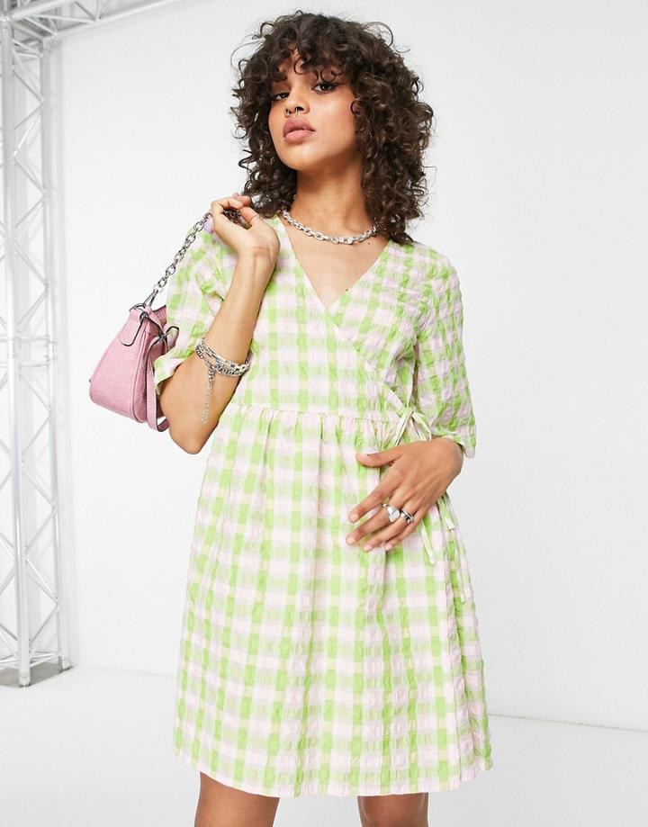 Asos Design Wrap Smock Mini Dress In Pink And Green Check-multi