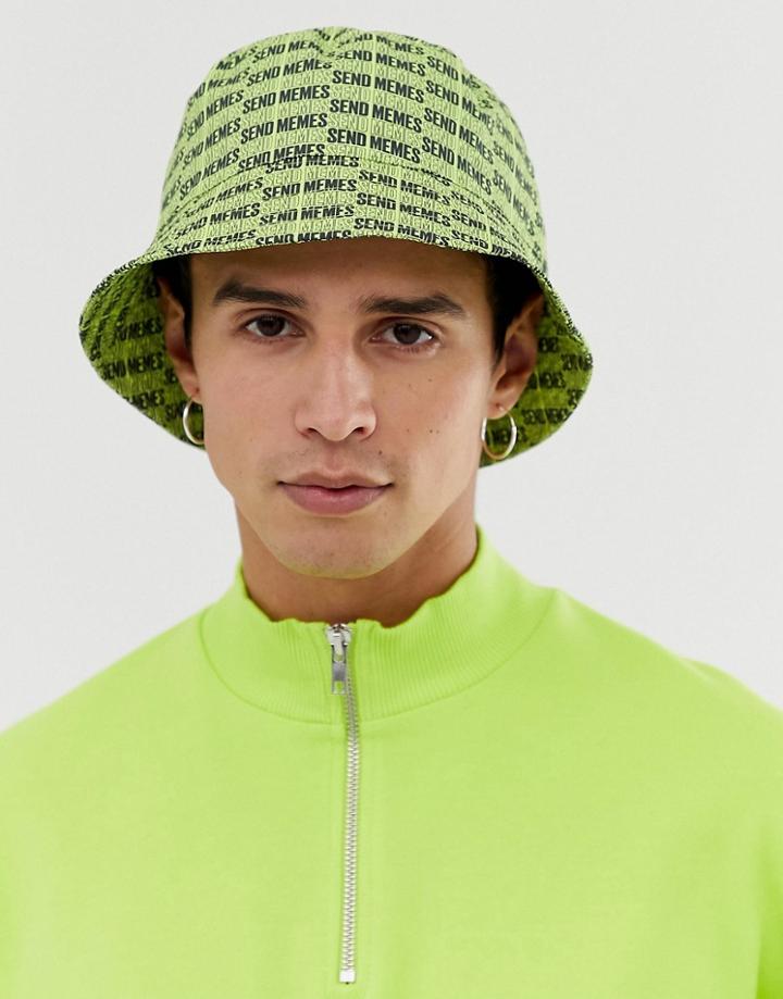 Asos Design Bucket Hat With Neon 'send Memes' Print - Yellow