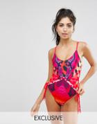 Missguided Lace Up Printed Swimsuit - Multi