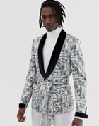 Asos Edition Skinny Blazer Jacket With All Over Monochrome Print And Velvet Collar - Black