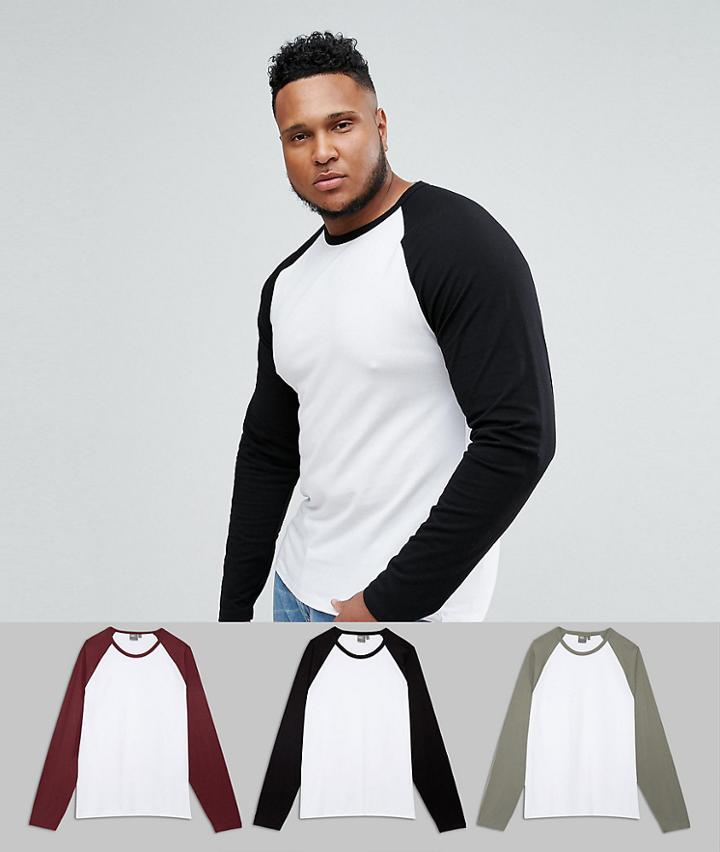 Asos Plus Muscle Fit Long Sleeve T-shirt With Contrast Raglan 3 Pack Save - Multi