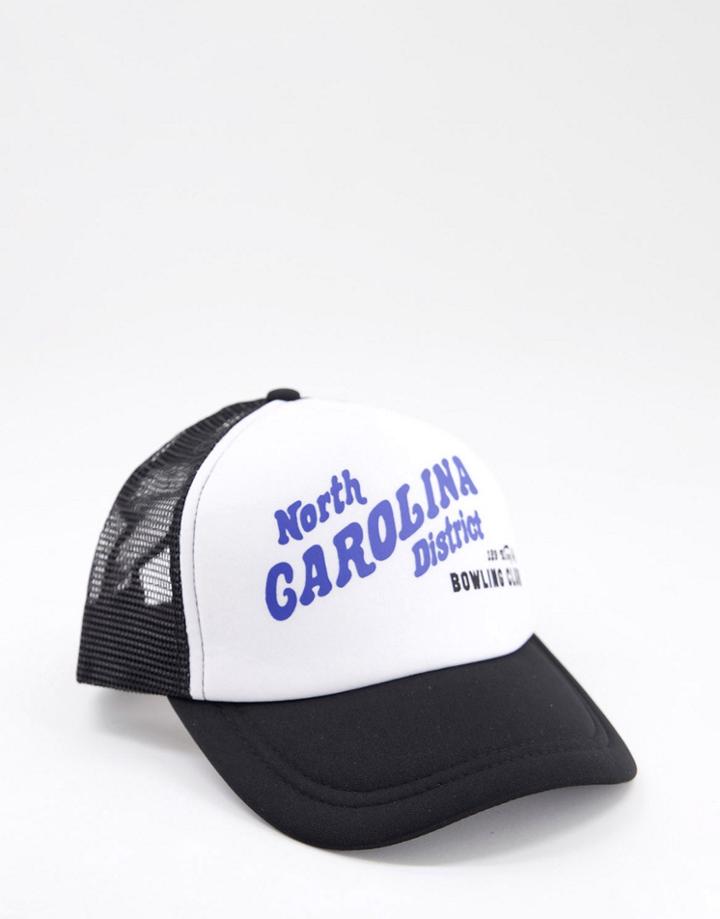 Asos Design Trucker Cap In White And Black With Retro Print