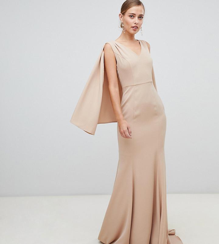 Yaura Plunge Front Maxi Dress With Cape Detail In Taupe-beige